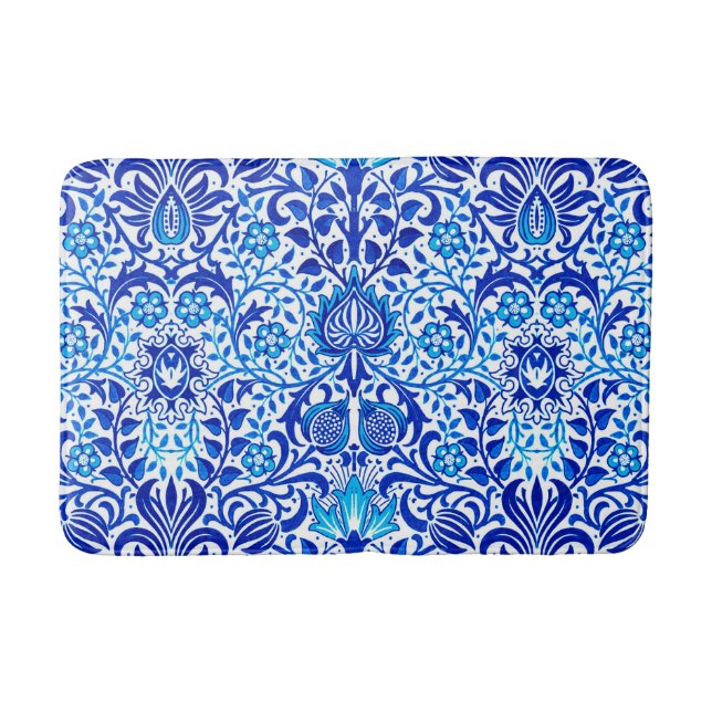 Jacobean Floral Damask, Cobalt Blue and White Bath Mat (Front)
