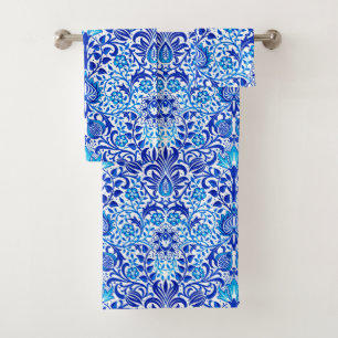 Jacobean Floral Damask, Cobalt Blue and White Bath Towel Set