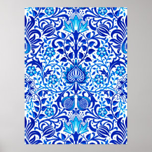 Jacobean Floral Damask, Cobalt Blue and White Poster