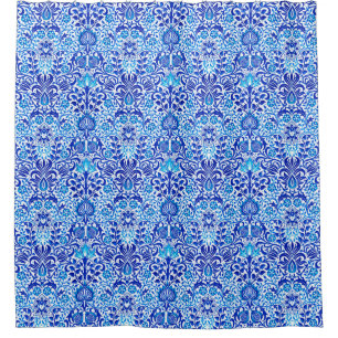 Jacobean Floral Damask, Cobalt Blue and White Shower Curtain
