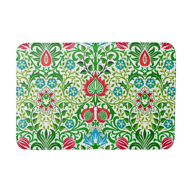 Jacobean Floral Damask, Green and Coral Red Bath Mat (Front)