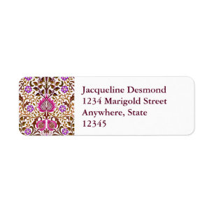 Jacobean Floral Damask, Pink, Violet and Brown Return Address Label