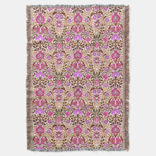 Jacobean Floral Damask, Pink, Violet and Brown Throw Blanket