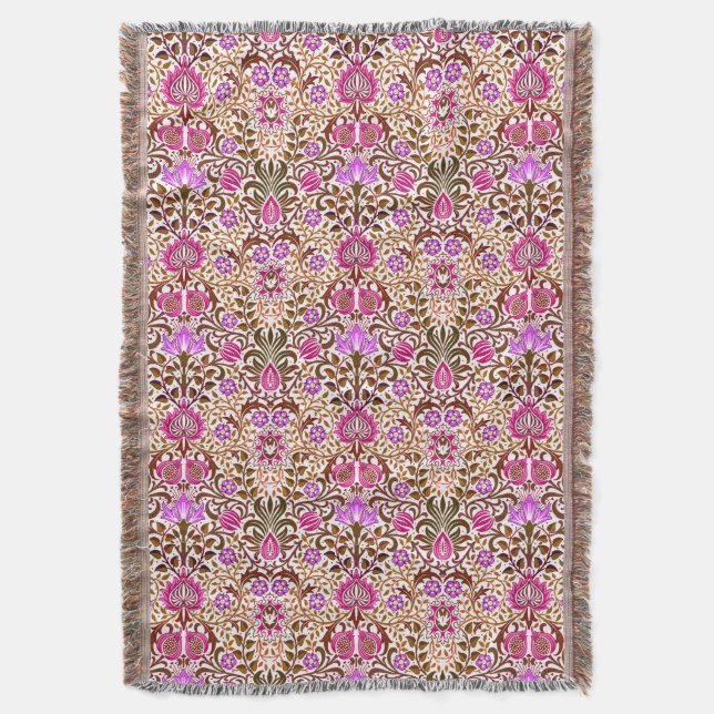 Jacobean Floral Damask, Pink, Violet and Brown Throw Blanket (Front Vertical)