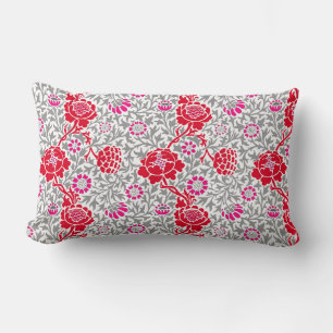 Jacobean Floral, Deep Red, Pink and Gray Lumbar Pi Cushion