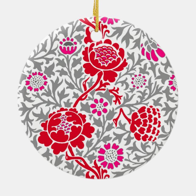 Jacobean Floral, Deep Red, Pink and Grey Ceramic O Ceramic Ornament (Back)