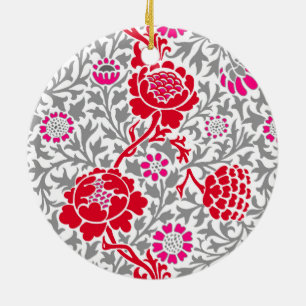 Jacobean Floral, Deep Red, Pink and Grey Ceramic O Ornament