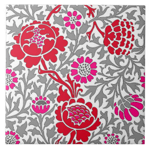 Jacobean Floral , Deep Red Pink and Grey Ceramic Tile