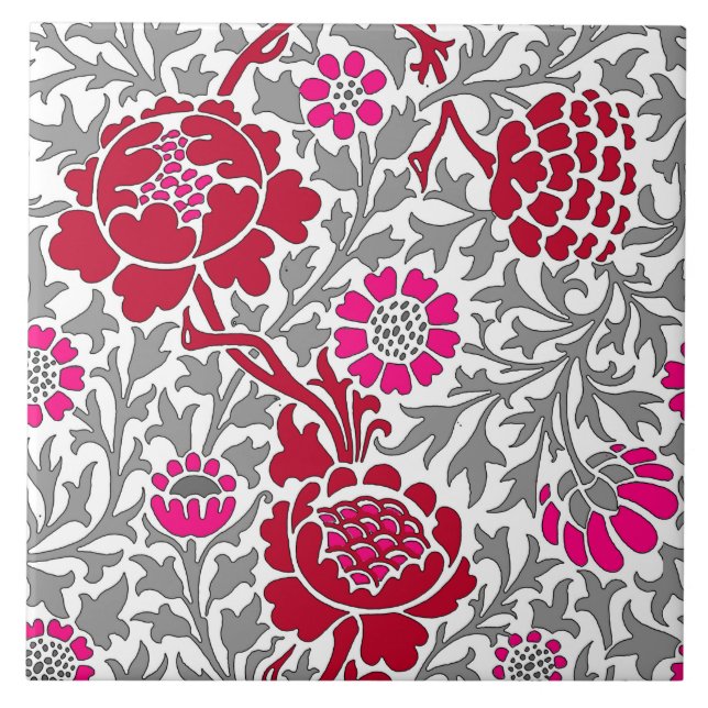 Jacobean Floral , Deep Red Pink and Grey Ceramic Tile (Front)