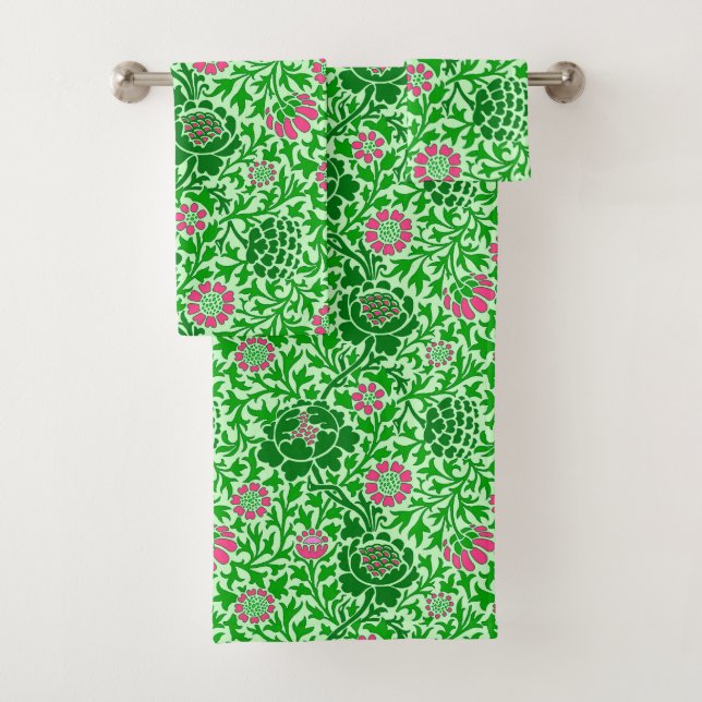 Jacobean Floral , Emerald and Lime Green Bath Towel Set (Insitu)