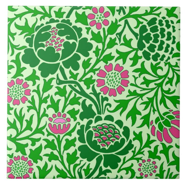 Jacobean Floral , Emerald and Lime Green Ceramic Tile (Front)