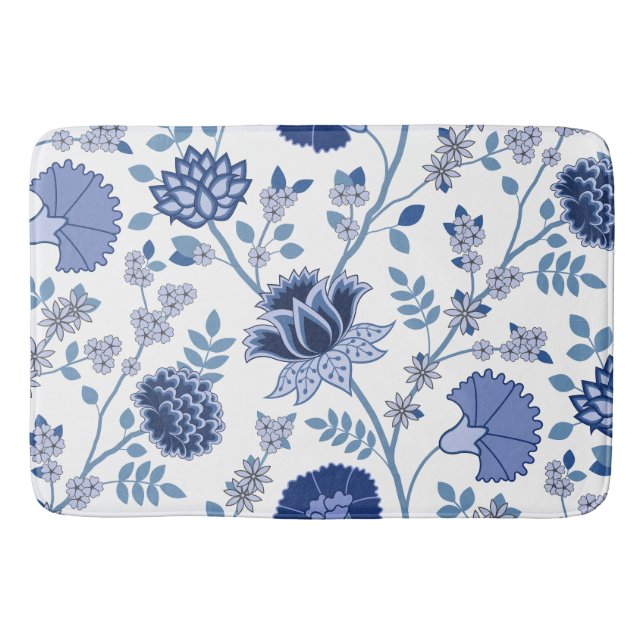 Jacobean Floral Lg Pattern Blue on White Bath Mat (Front)