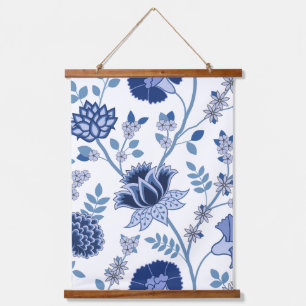 Jacobean Floral Lg Pattern Blue on White Hanging Tapestry