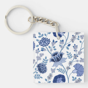 Jacobean Floral Lg Pattern Blue on White Key Ring