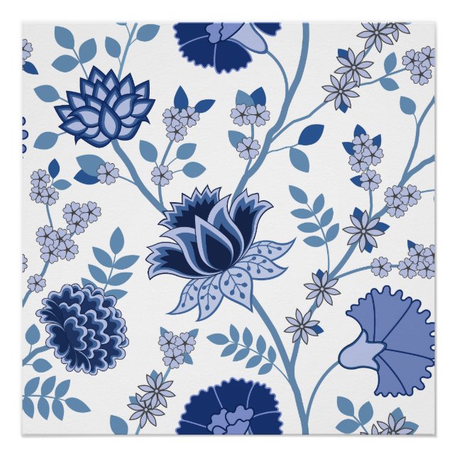 Jacobean Floral Lg Pattern Blue on White Poster (Front)