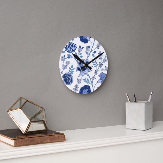 Jacobean Floral Lg Pattern Blue on White Round Clock (Office)