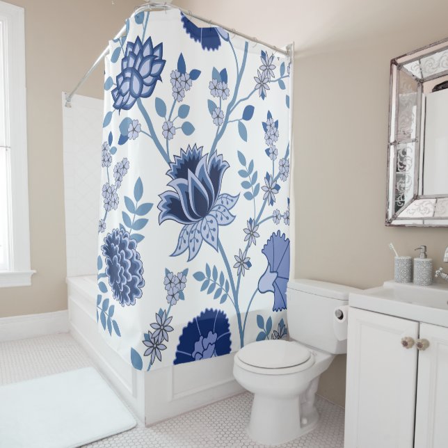 Jacobean Floral Lg Pattern Blue on White Shower Curtain (In Situ)