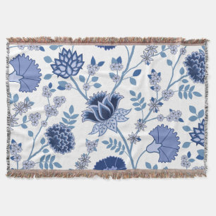 Jacobean Floral Lg Pattern Blue on White Throw Blanket
