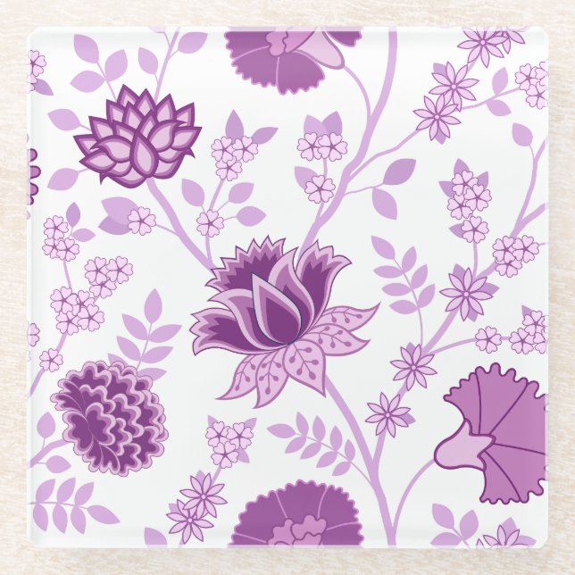 Jacobean Floral Lg Pattern Pinks on White Glass Coaster (Front)