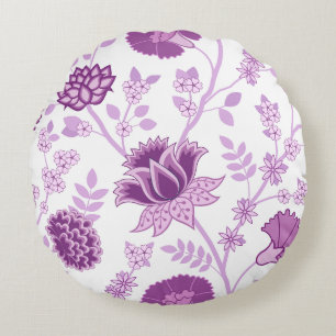 Jacobean Floral Lg Pattern Pinks on White Round Cushion