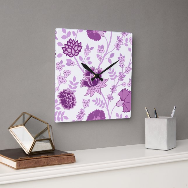 Jacobean Floral Lg Pattern Pinks on White Square Wall Clock (Office)