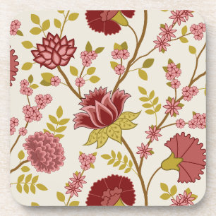 Jacobean Floral Lg Pattern Reds Pinks Gold Cream Coaster