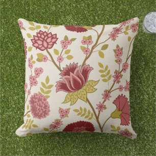 Jacobean Floral Lg Pattern Reds Pinks Gold Cream Cushion