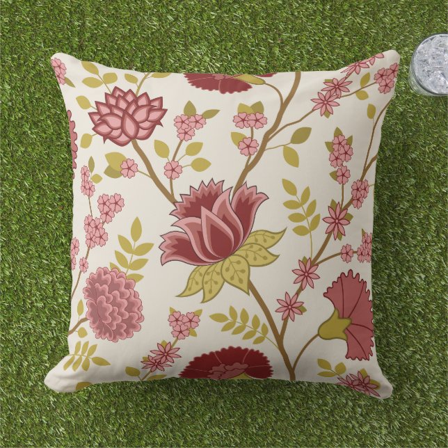 Jacobean Floral Lg Pattern Reds Pinks Gold Cream Cushion (Grass)