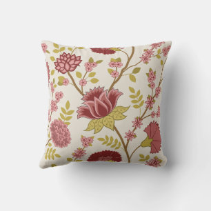 Jacobean Floral Lg Pattern Reds Pinks Gold Cream Cushion