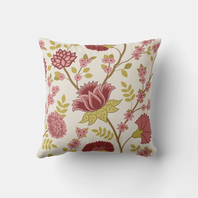 Jacobean Floral Lg Pattern Reds Pinks Gold Cream Cushion (Back)