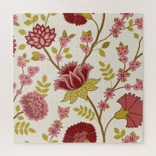 Jacobean Floral Lg Pattern Reds Pinks Gold Cream Jigsaw Puzzle