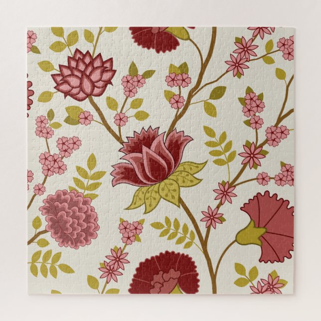 Jacobean Floral Lg Pattern Reds Pinks Gold Cream Jigsaw Puzzle (Vertical)