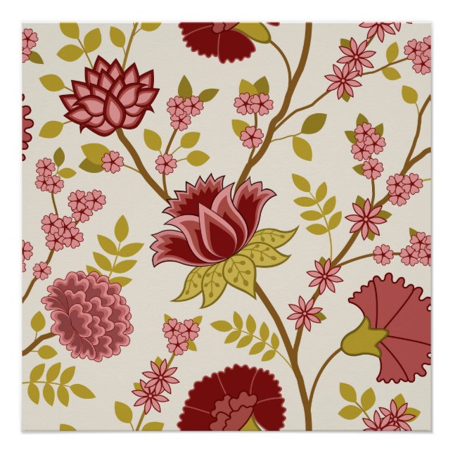 Jacobean Floral Lg Pattern Reds Pinks Gold Cream Poster (Front)