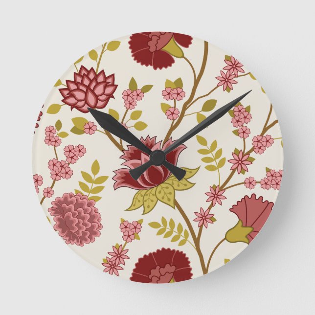 Jacobean Floral Lg Pattern Reds Pinks Gold Cream Round Clock (Front)