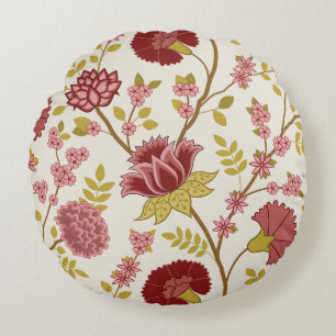 Jacobean Floral Lg Pattern Reds Pinks Gold Cream Round Cushion