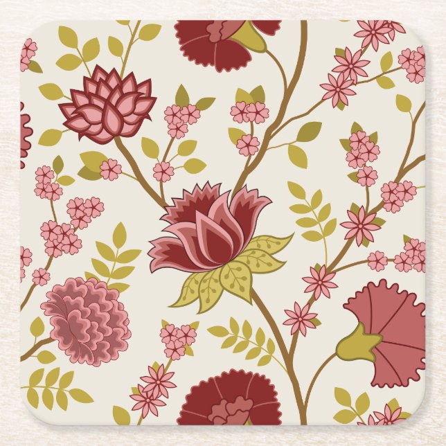 Jacobean Floral Lg Pattern Reds Pinks Gold Cream Square Paper Coaster (Front)