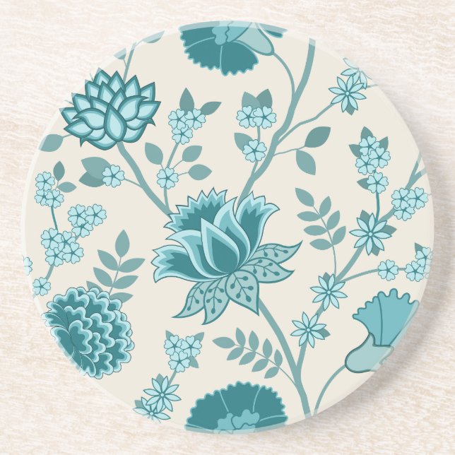 Jacobean Floral Lg Pattern Teals on Cream Coaster (Front)