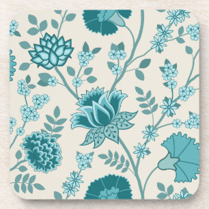 Jacobean Floral Lg Pattern Teals on Cream Coaster