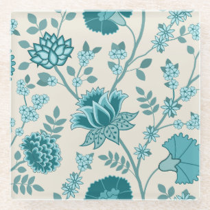 Jacobean Floral Lg Pattern Teals on Cream Glass Coaster