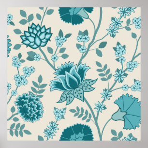 Jacobean Floral Lg Pattern Teals on Cream Poster