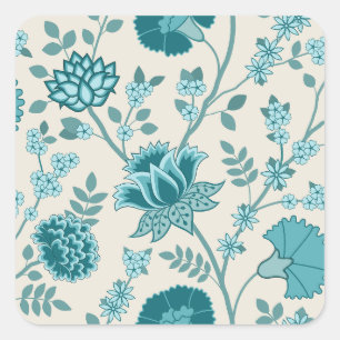 Jacobean Floral Lg Pattern Teals on Cream Square Sticker