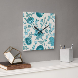 Jacobean Floral Lg Pattern Teals on Cream Square Wall Clock