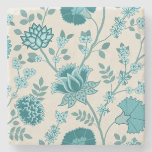 Jacobean Floral Lg Pattern Teals on Cream Stone Coaster