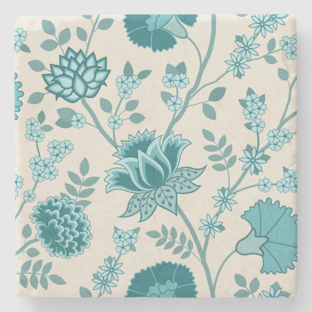 Jacobean Floral Lg Pattern Teals on Cream Stone Coaster (Front)