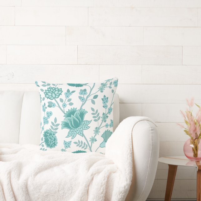 Jacobean Floral Lg Pattern Teals on White Cushion (Couch)