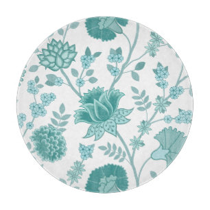 Jacobean Floral Lg Pattern Teals on White Cutting Board