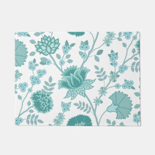 Jacobean Floral Lg Pattern Teals on White Doormat