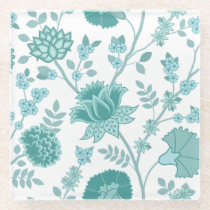 Jacobean Floral Lg Pattern Teals on White Glass Coaster