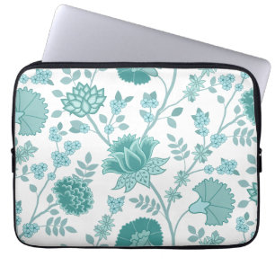 Jacobean Floral Lg Pattern Teals on White Laptop Sleeve