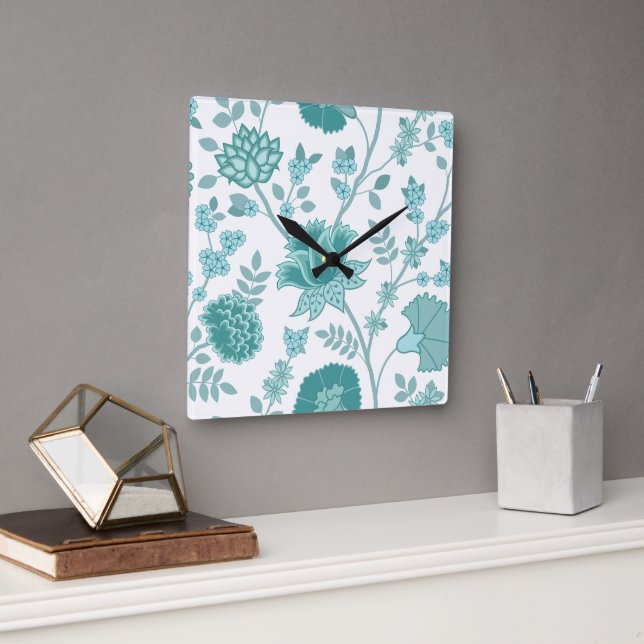 Jacobean Floral Lg Pattern Teals on White Square Wall Clock (Office)